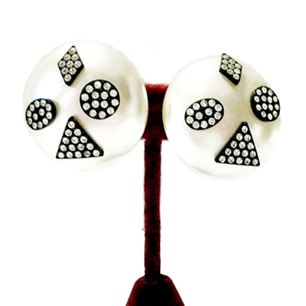 Large 1980s Vintage White Button Earrings With Black & Silver Geometric Designs